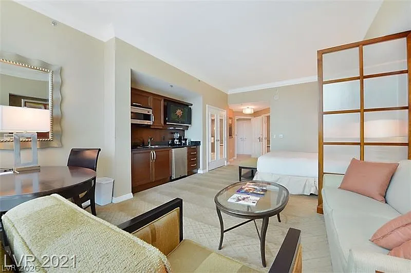 Furnished living area inside 135 Harmon Ave #2104, MGM Signature Las Vegas