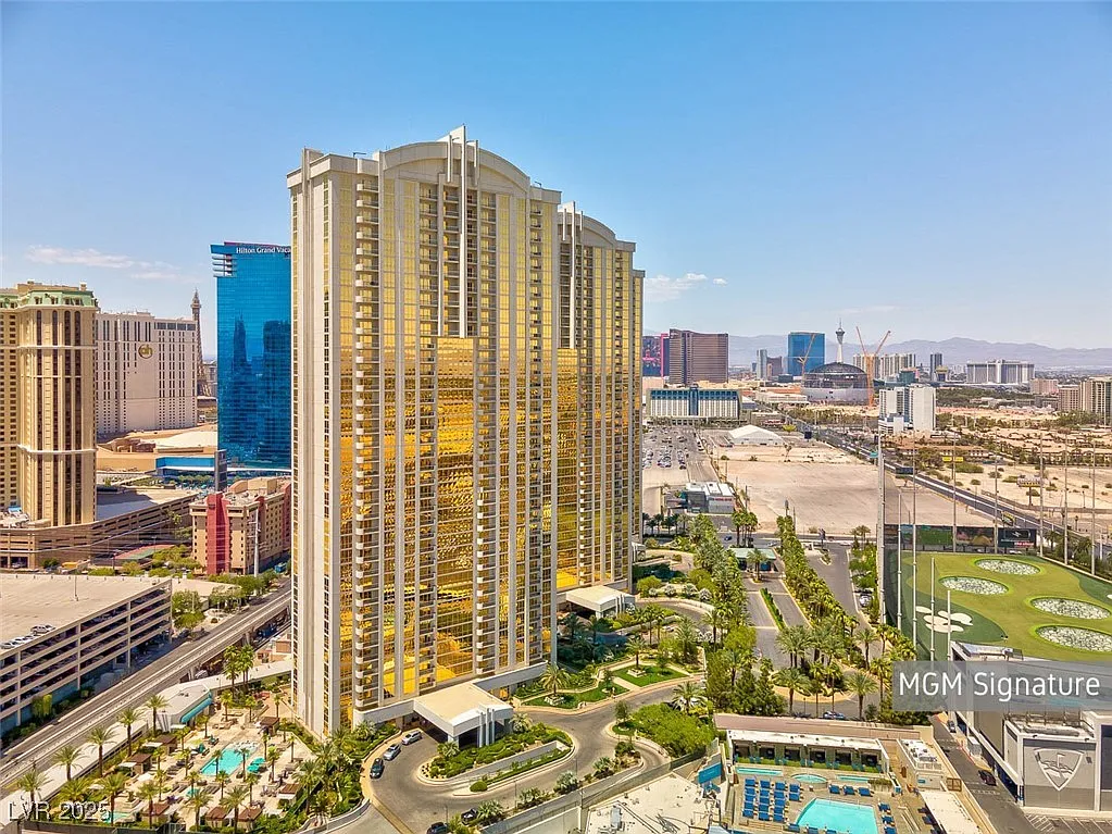 MGM Signature towers and Topgolf, Las Vegas Strip aerial