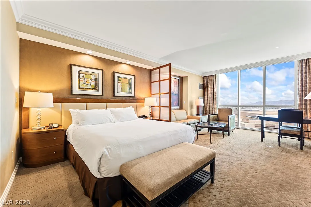 Bedroom with Las Vegas Strip view at MGM Signature Residences