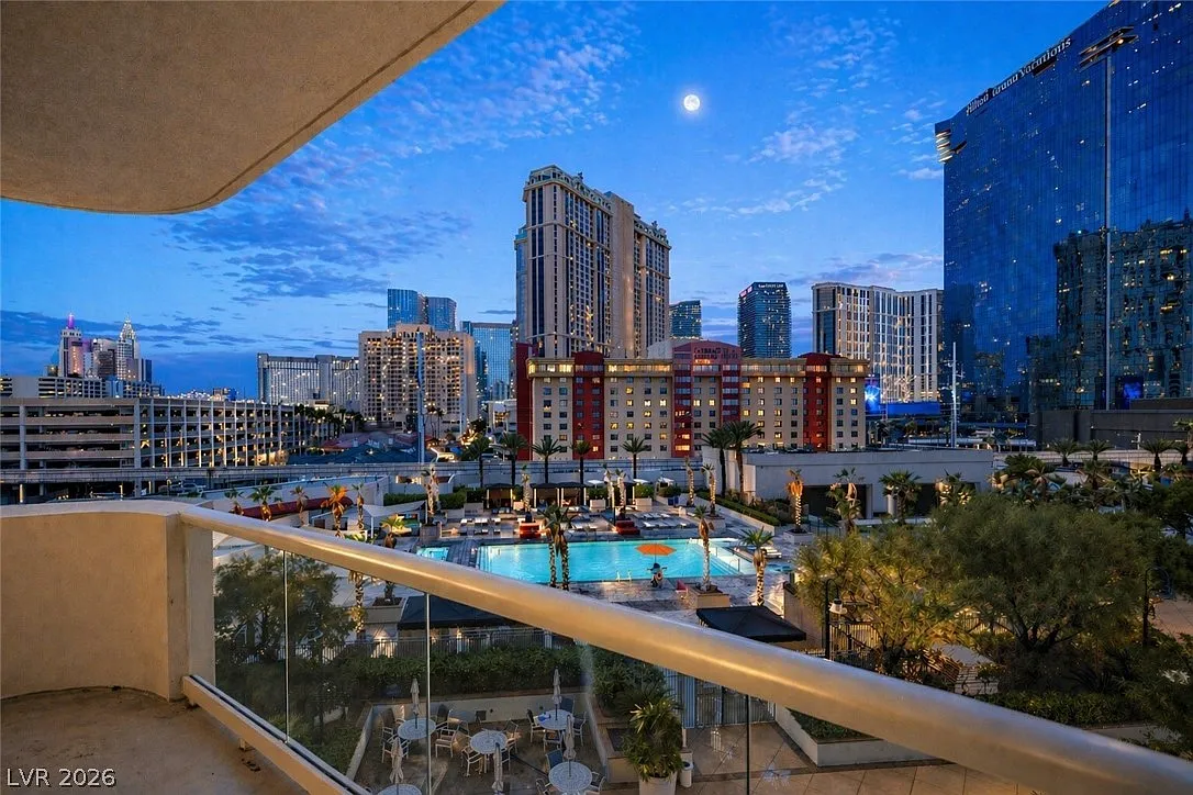 Balcony view over the pool deck and Las Vegas Strip at MGM Signature