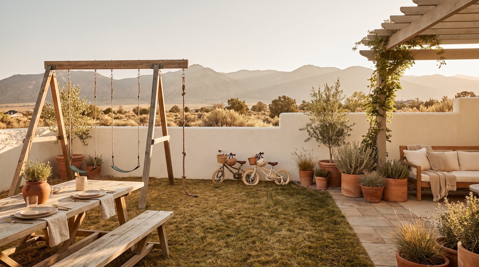 Family backyard at golden hour in the Nevada high desert