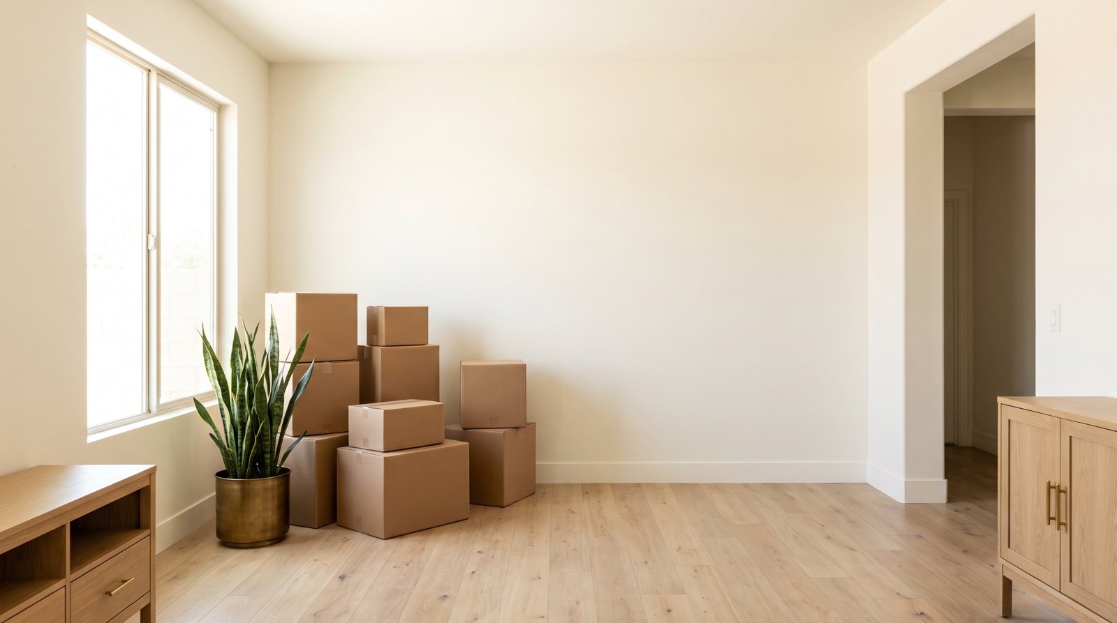 Moving boxes stacked in a bright Las Vegas living room on moving day