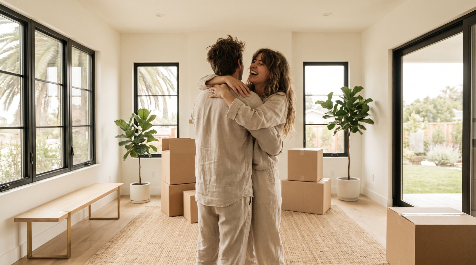 Young couple celebrating in the living room of their first Las Vegas home