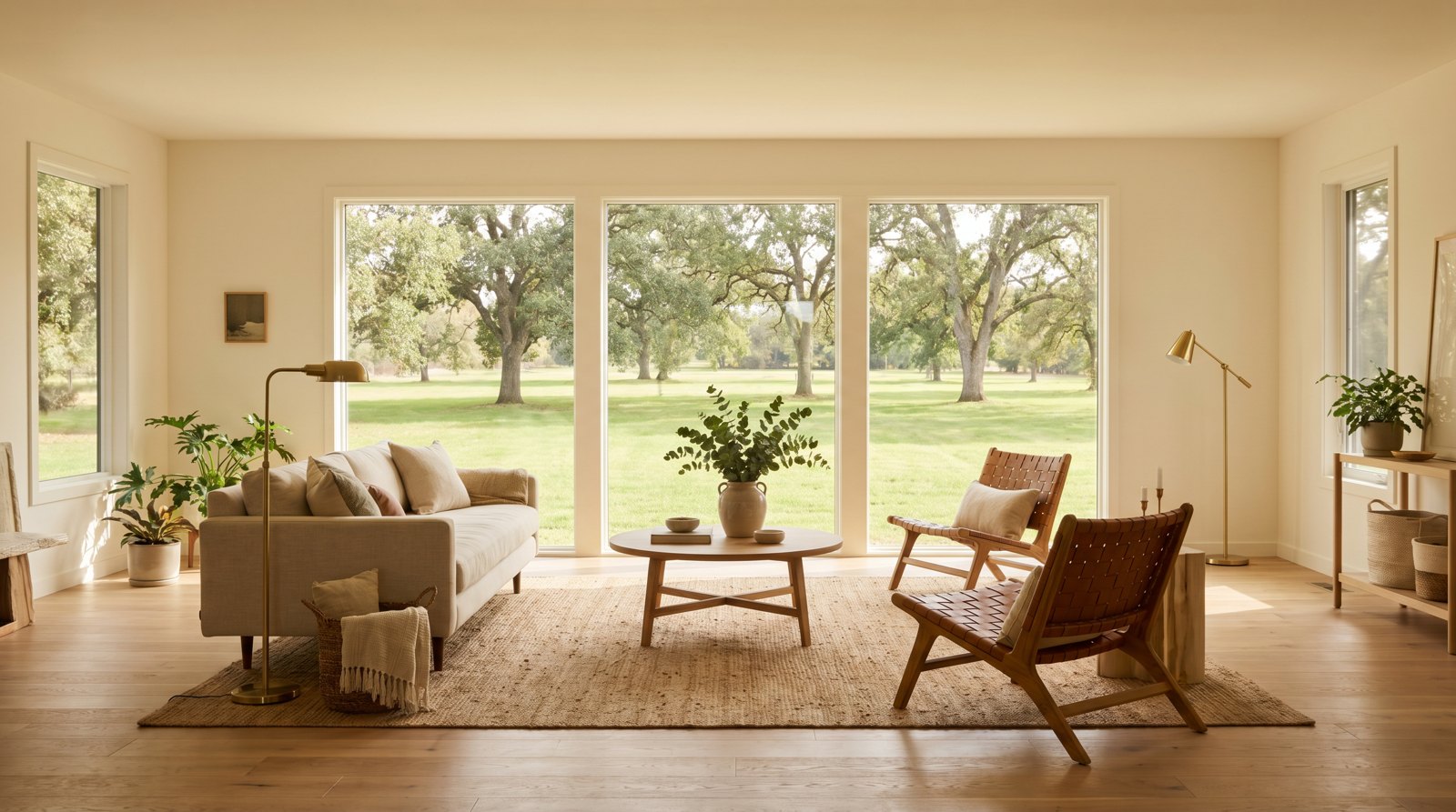 Bright ranch home living room with large windows onto a green lawn in Las Vegas