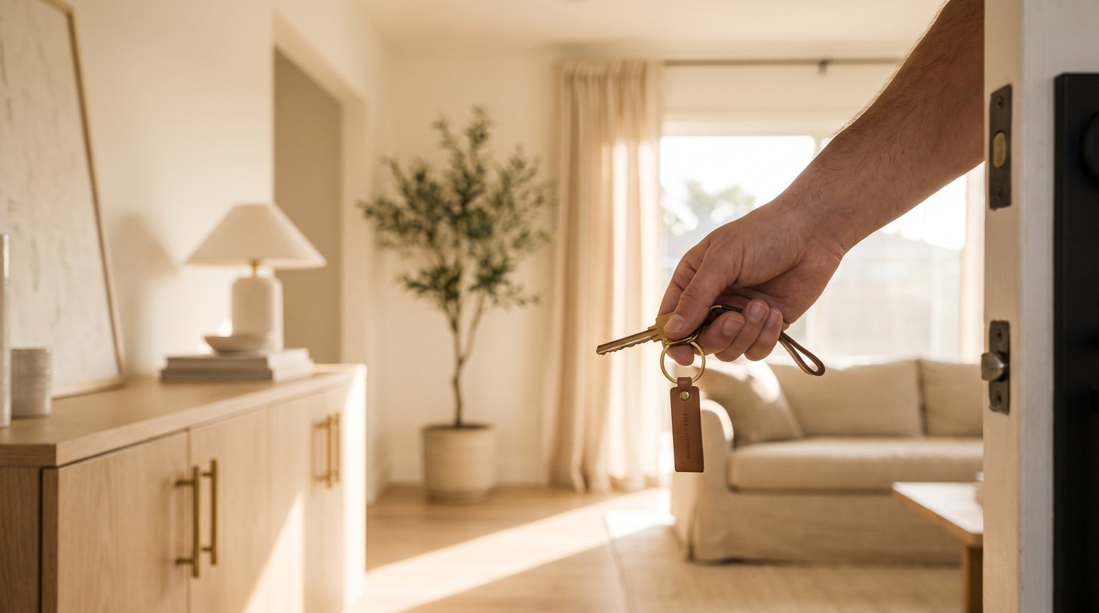 First-time home buyer holding new house keys in a bright Las Vegas doorway
