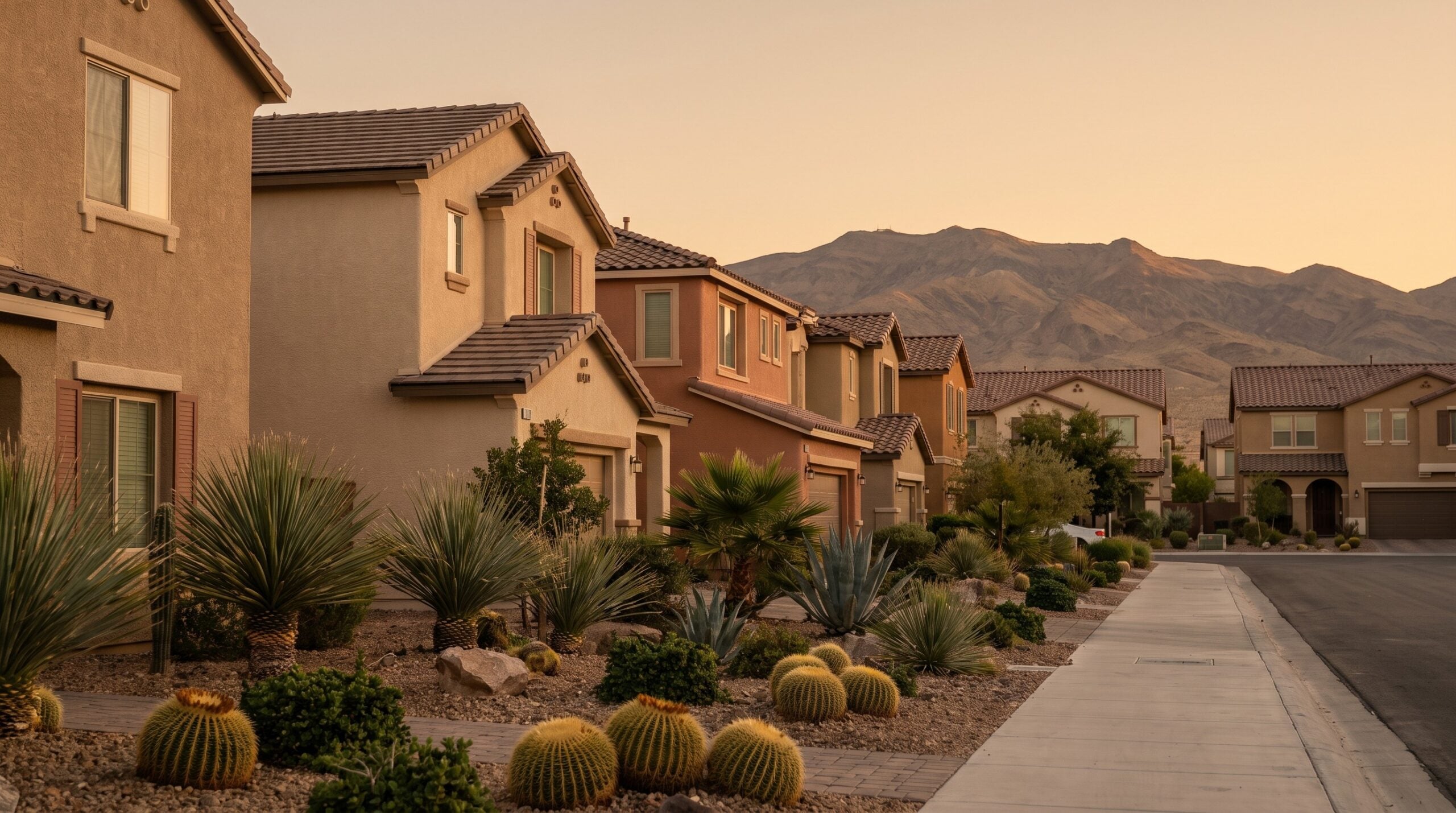 Henderson Nevada suburban street of well kept stucco homes with mountain backdrop Henderson Nevada suburban street of well kept stucco homes with mountain backdrop