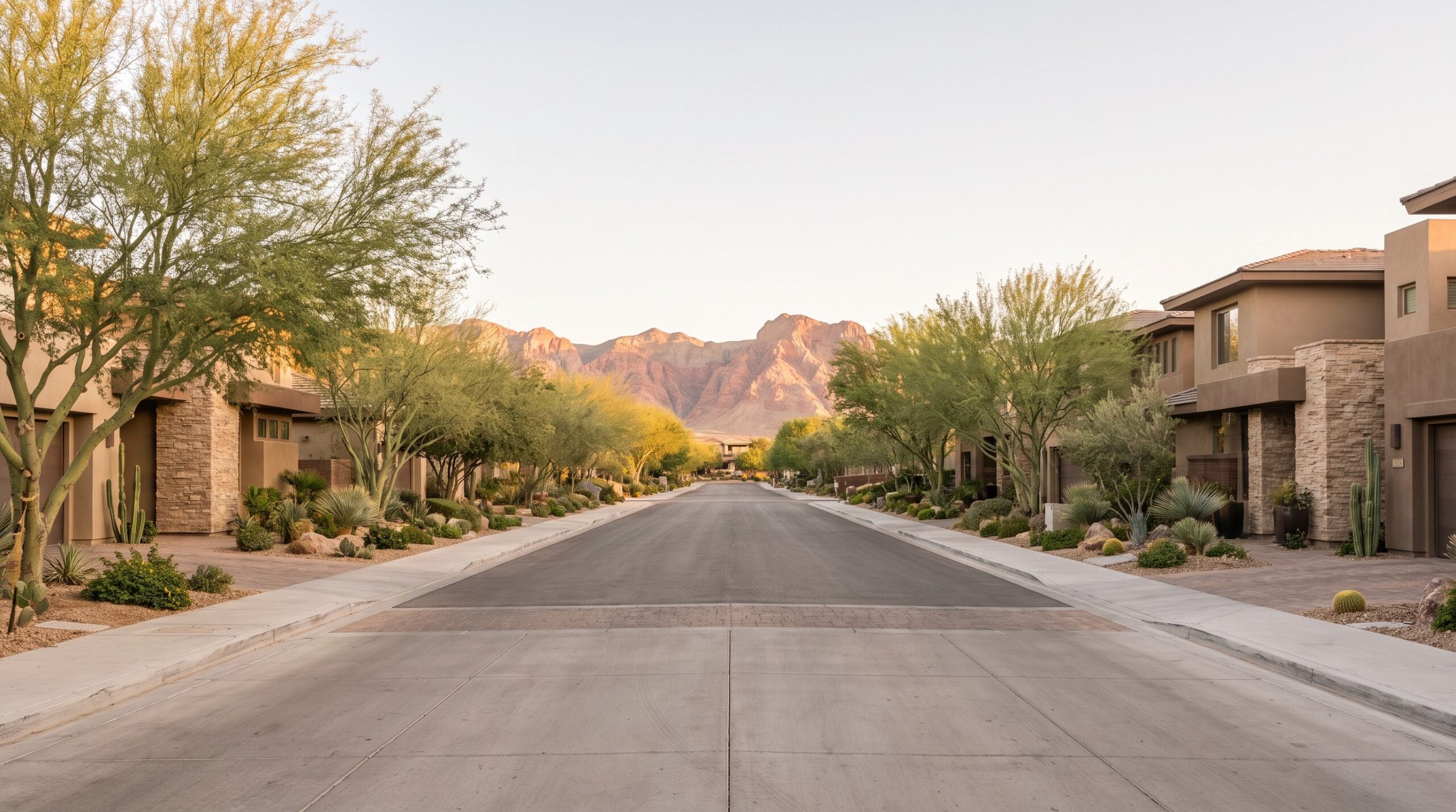 Summerlin neighborhood street with Red Rock Canyon backdrop at golden hour Summerlin neighborhood street with Red Rock Canyon backdrop at golden hour