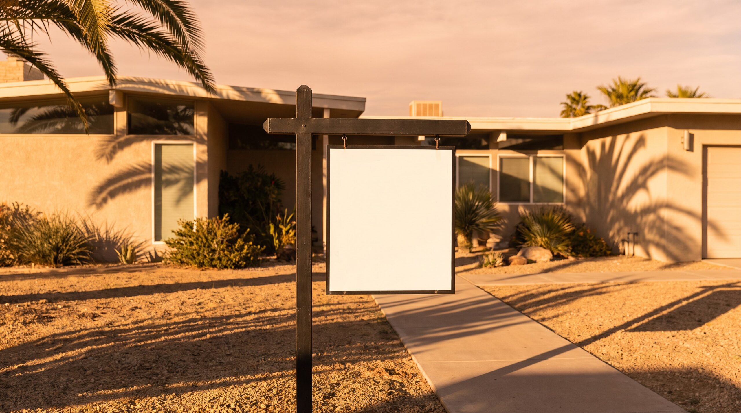 For sale sign in front of a Las Vegas home at golden hour