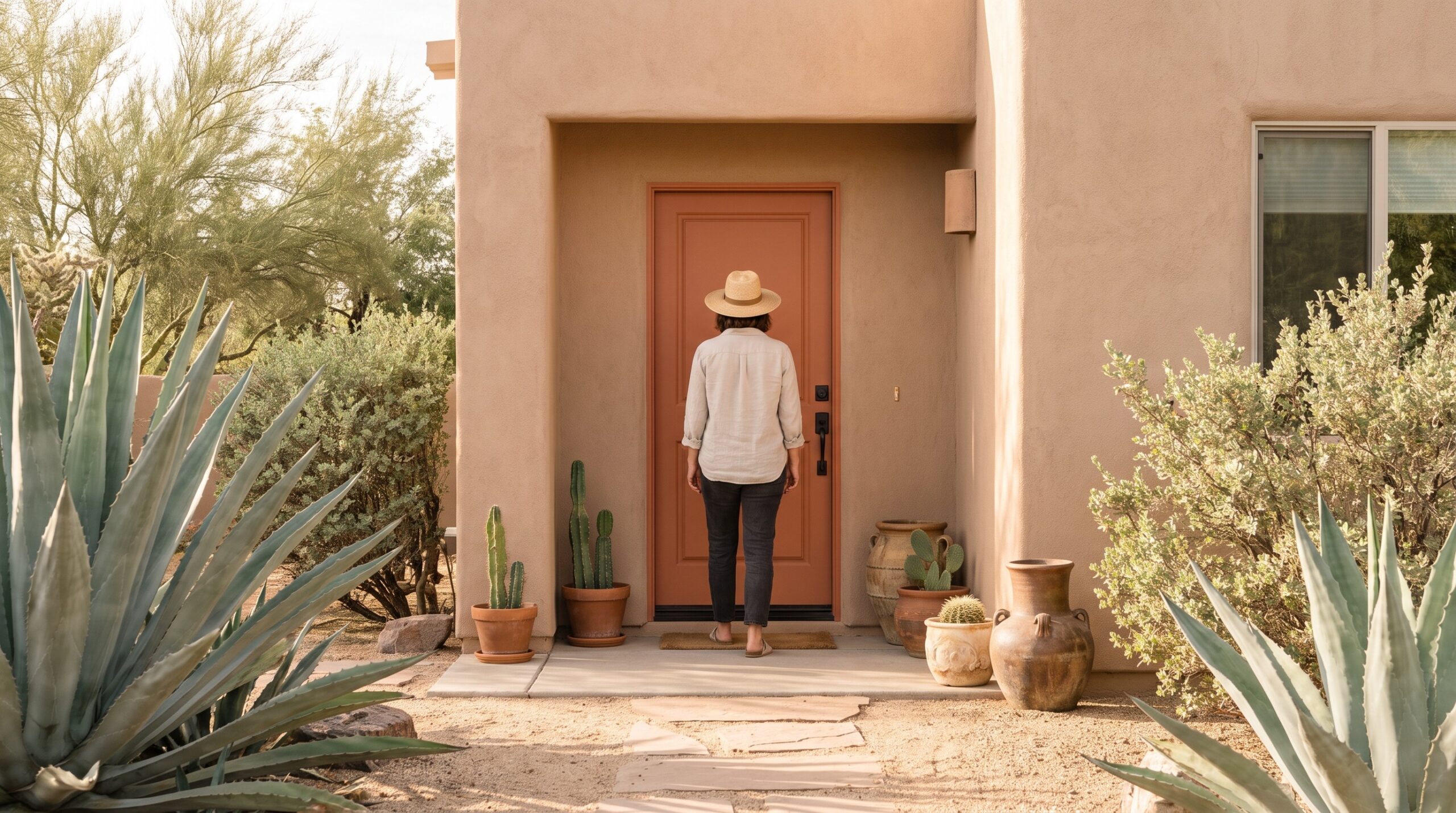 Las Vegas homeowner at the front door of a stucco home with desert landscaping