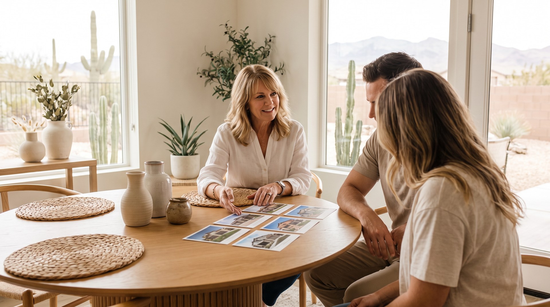 Real estate agent reviewing comparable home photos with a Las Vegas homeowner couple