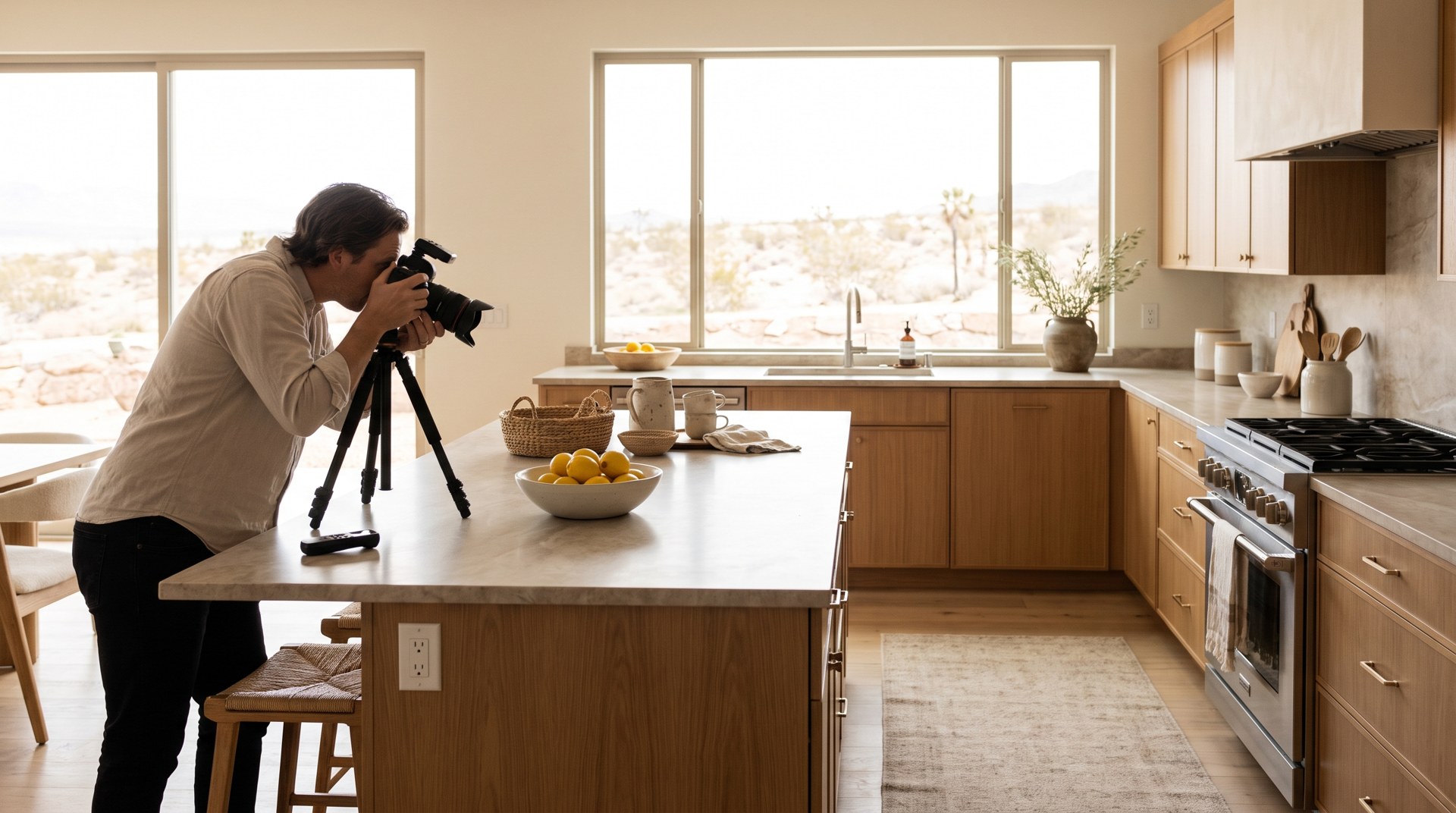 Real estate photographer shooting a bright staged kitchen in a Las Vegas home