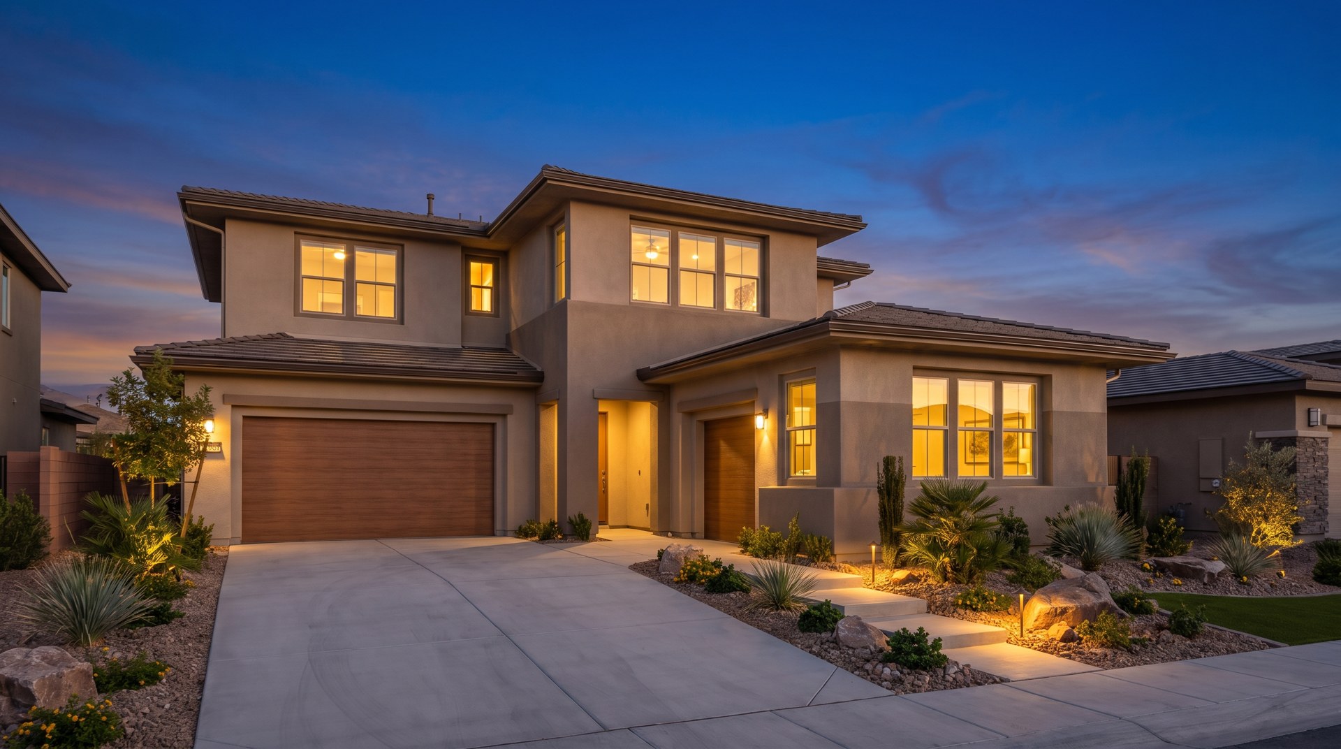 Well kept Las Vegas stucco home at twilight with warm lights glowing