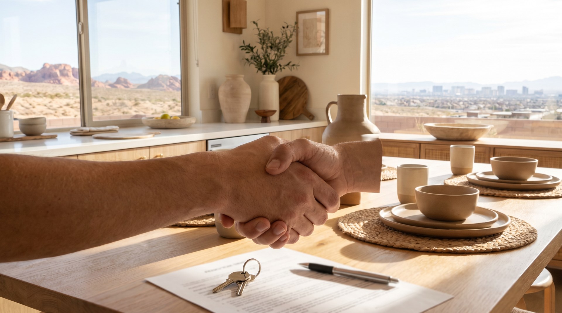 Handshake across a kitchen table with house keys and paperwork after an accepted offer