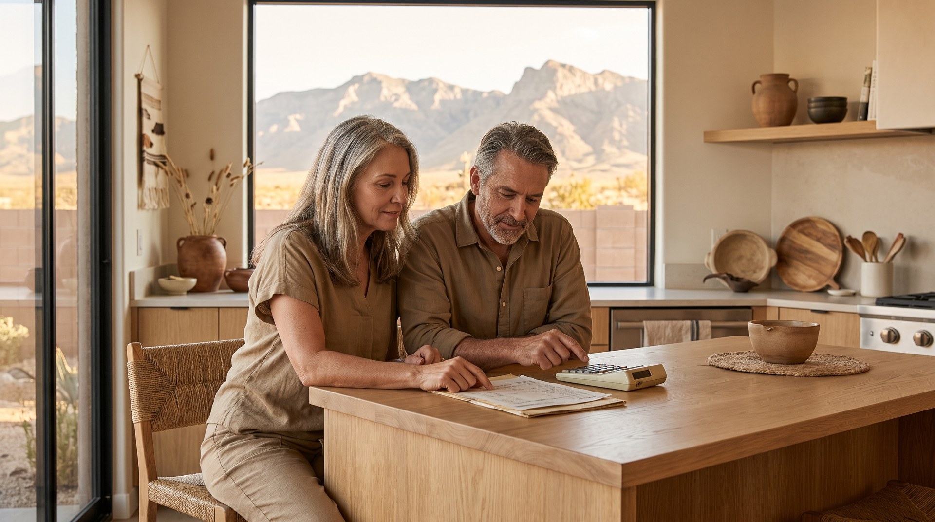 Las Vegas homeowner couple reviewing a household budget at a kitchen island