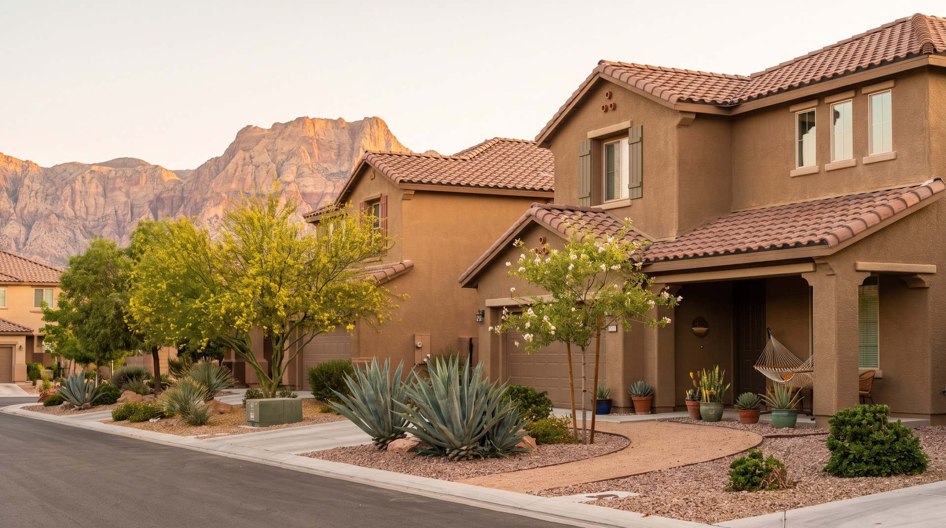 Southwest Las Vegas residential street with stucco homes and desert landscaping at golden hour