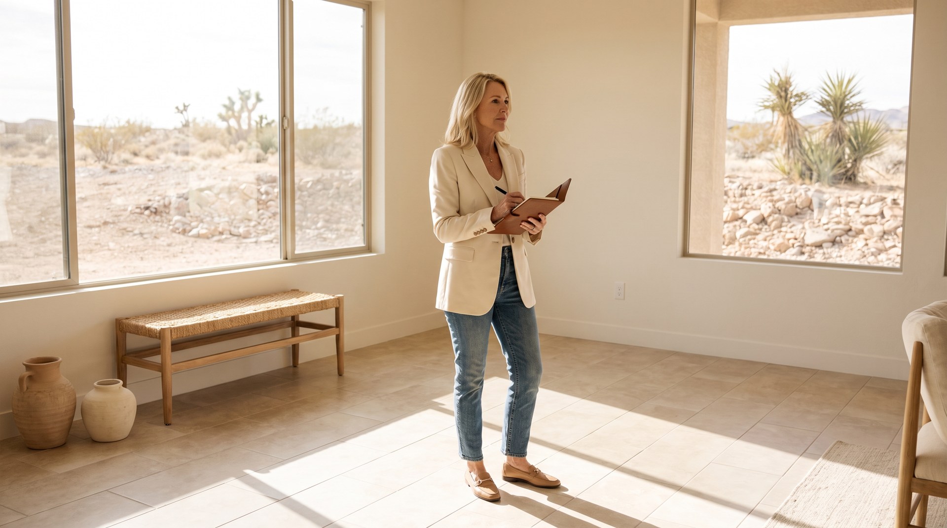 Real estate agent walking through a bright empty Las Vegas home taking notes