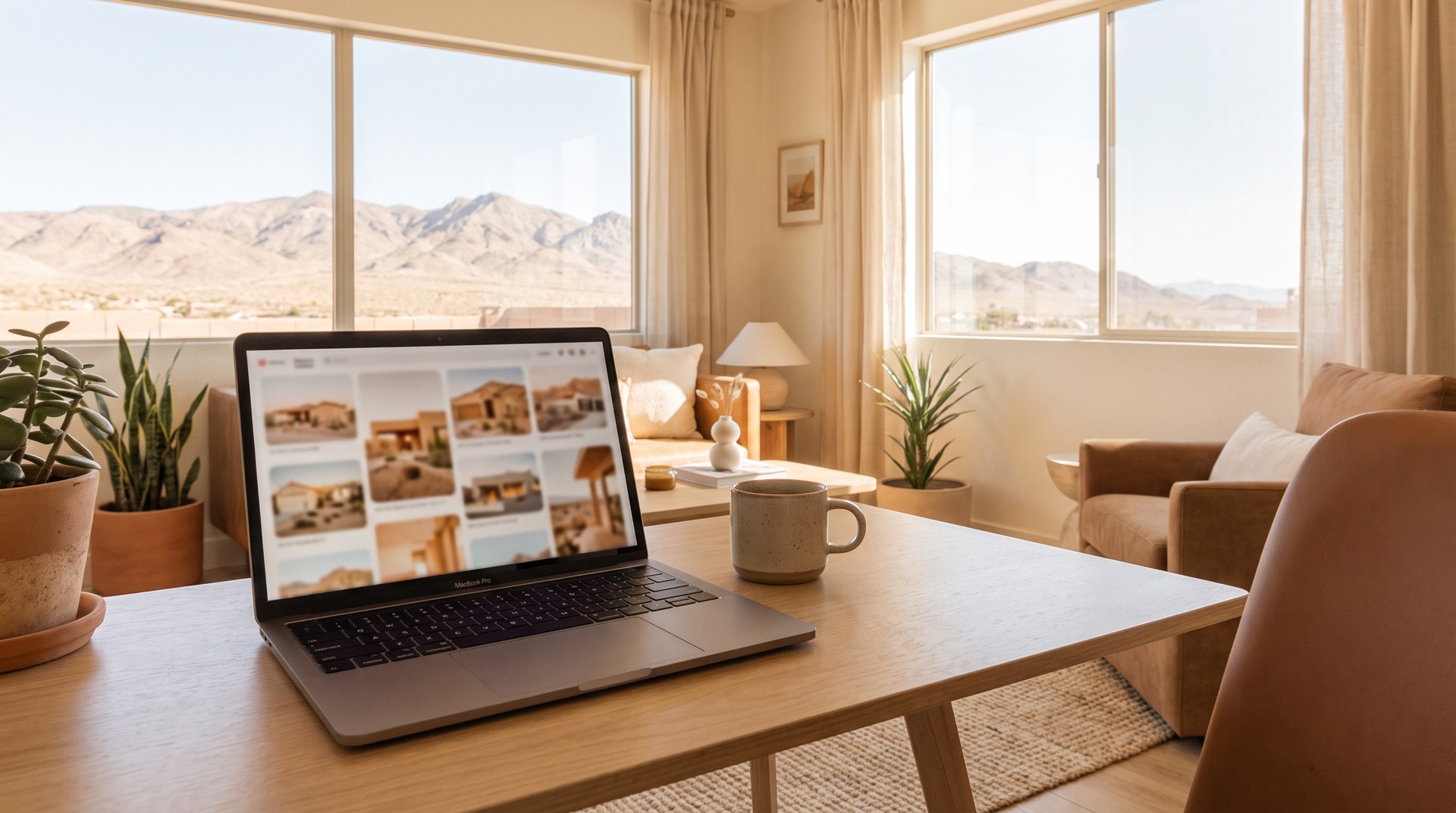 Laptop showing a home listing photo gallery on a desk in a Las Vegas home office