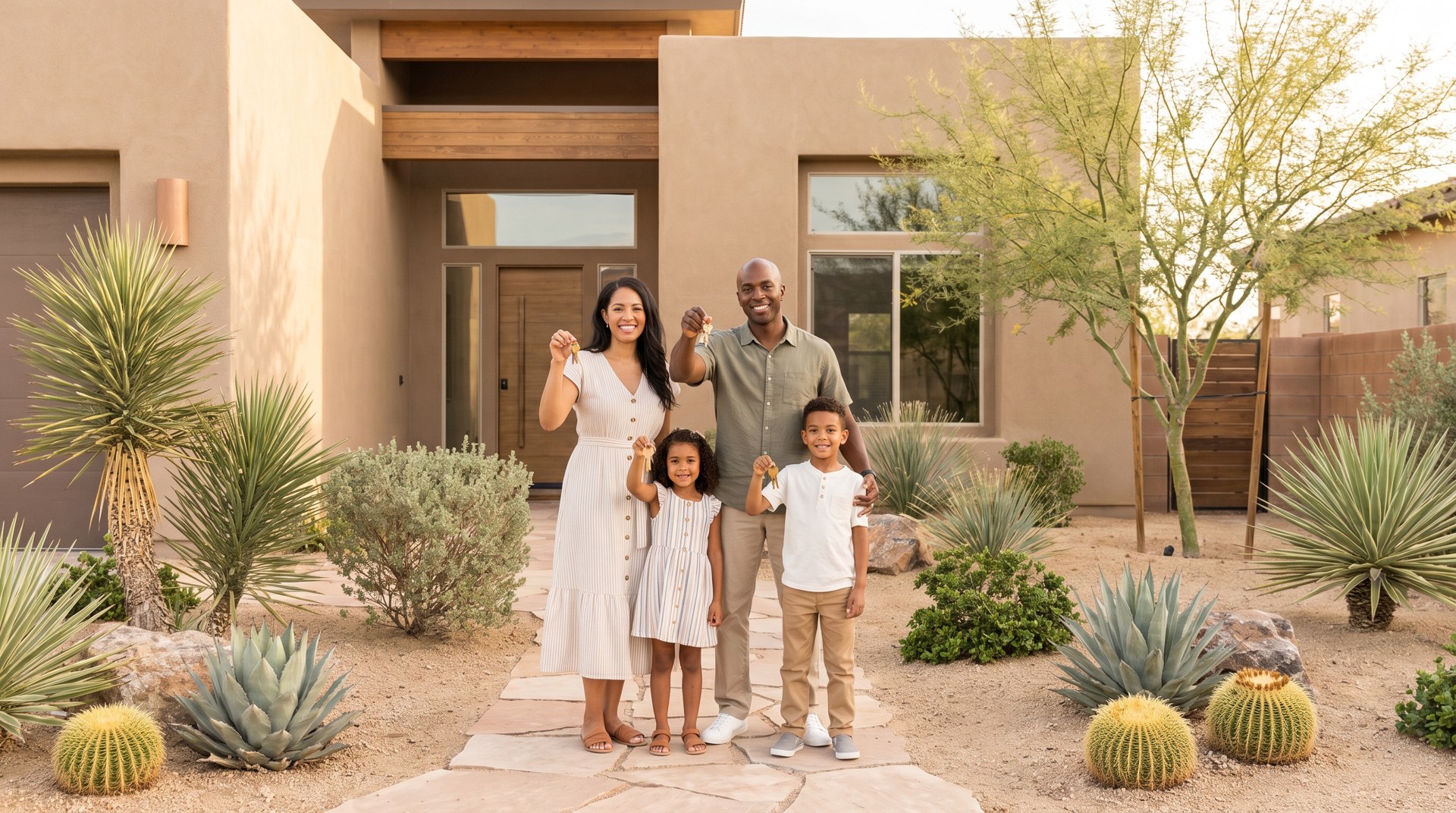 Family holding house keys in front of their Las Vegas home at golden hour