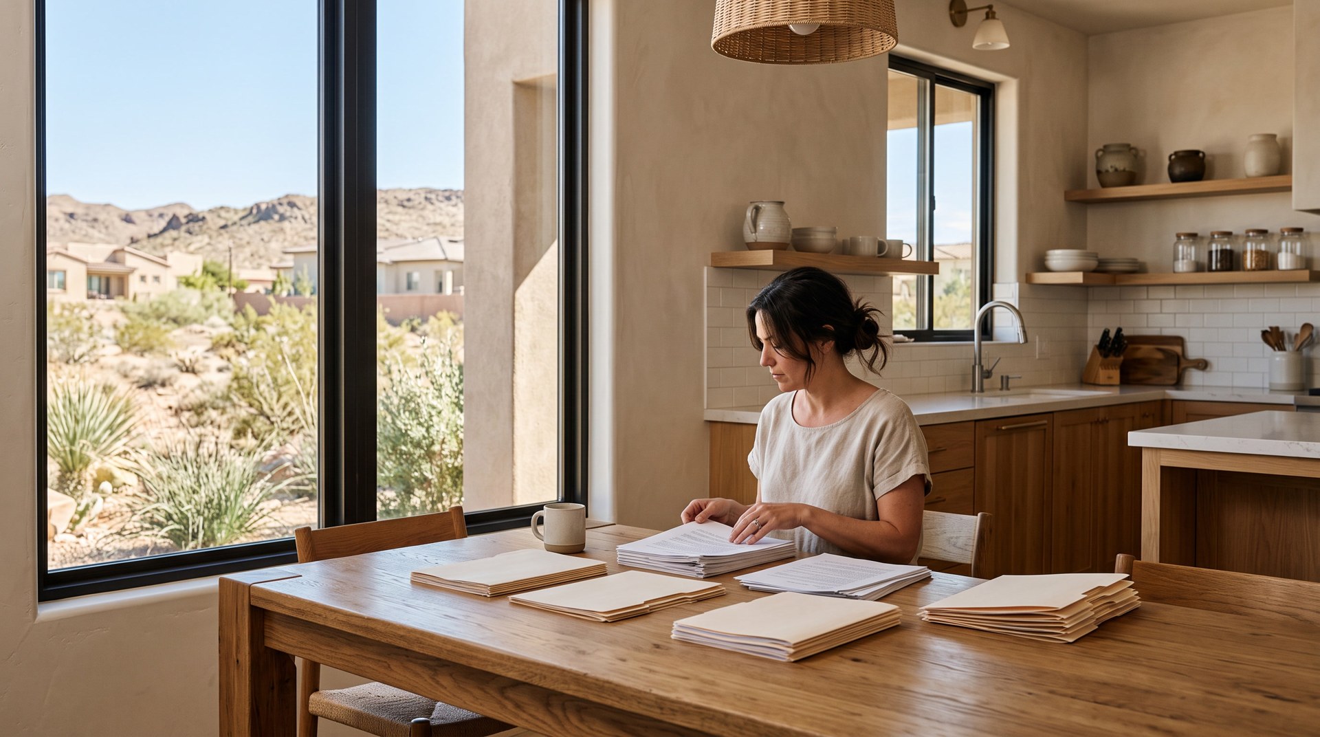 Homeowner organizing selling cost documents at a kitchen table