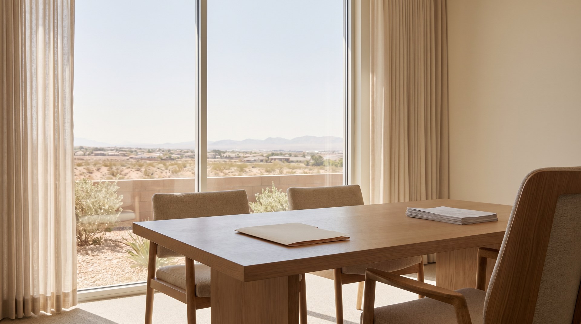 Homeowner and closing representative reviewing a plain folder
