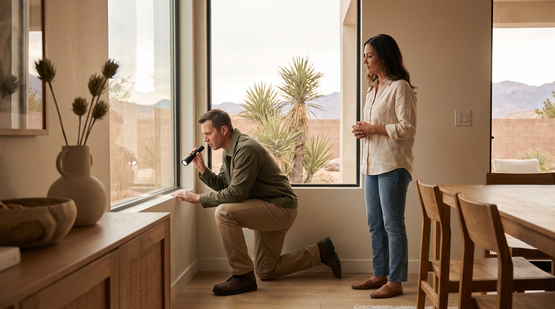 Home inspector examining a window during a property visit
