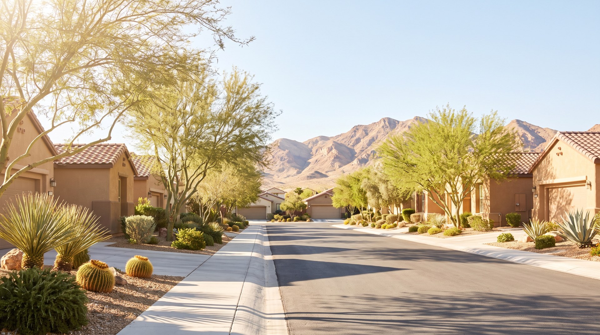 Quiet Henderson Nevada street with single-story homes and mountains behind