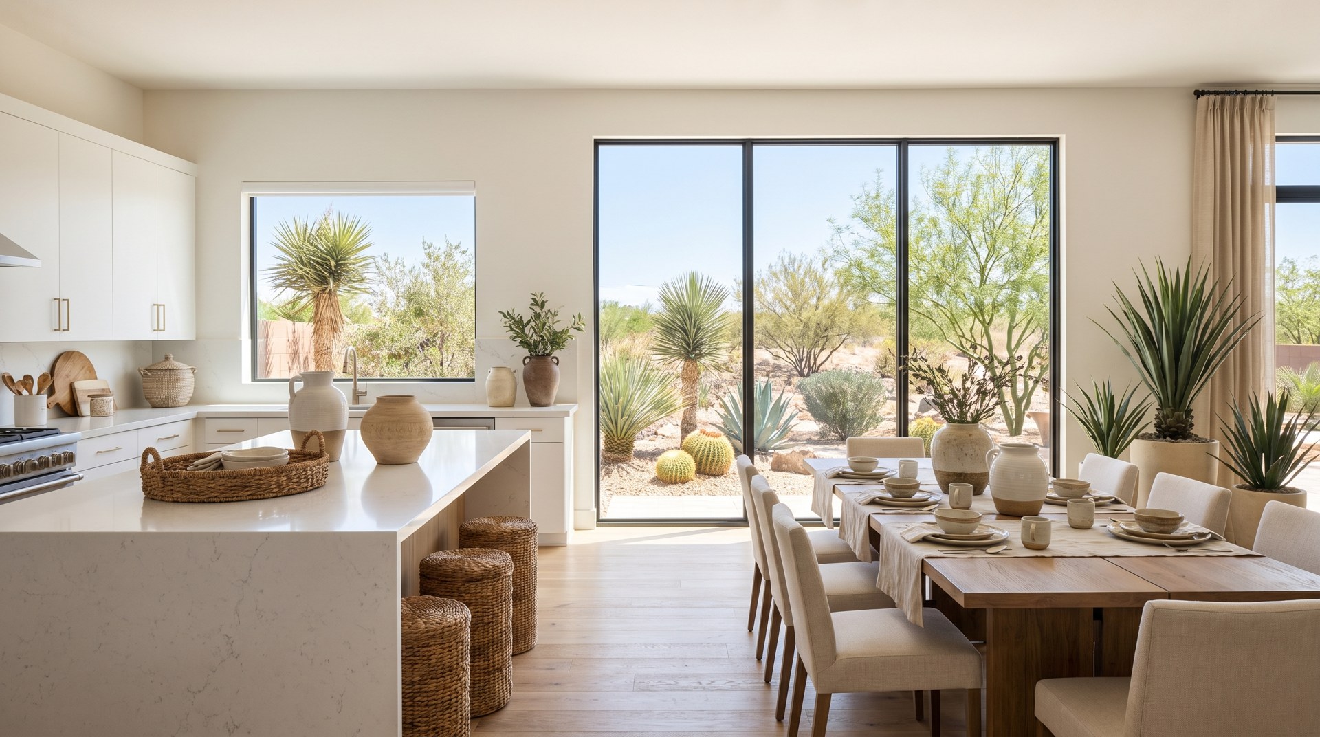 Bright open kitchen and dining area of a Henderson home staged for sale