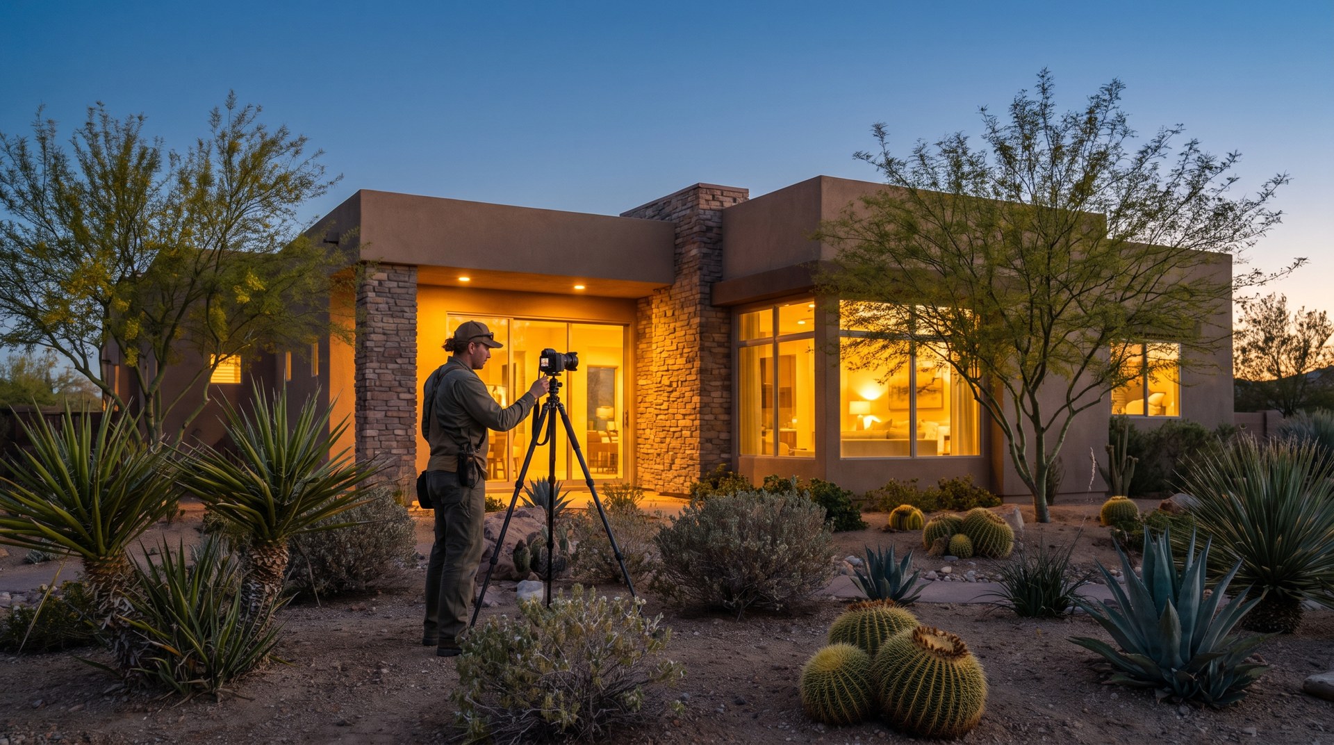 Photographer with a camera on a tripod photographing a Henderson home at twilight