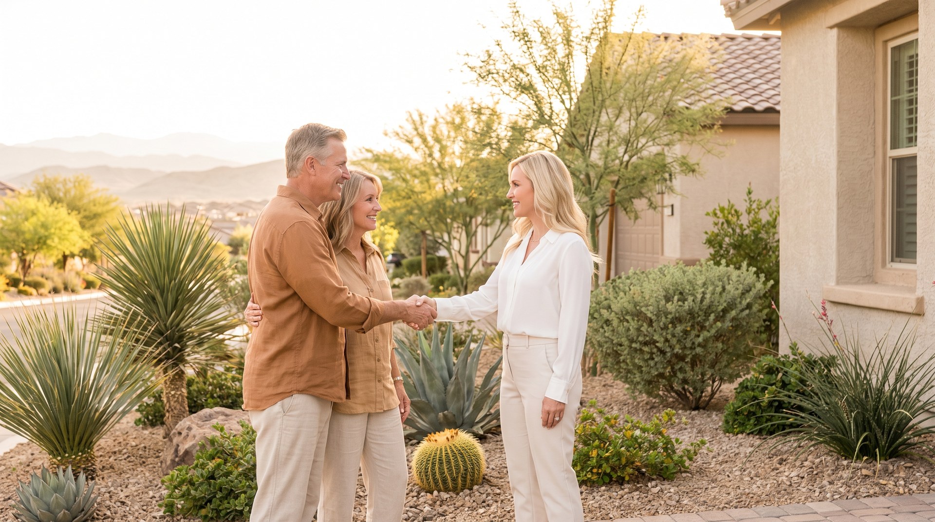 Seller couple shaking hands with a real estate agent in front of their Henderson home