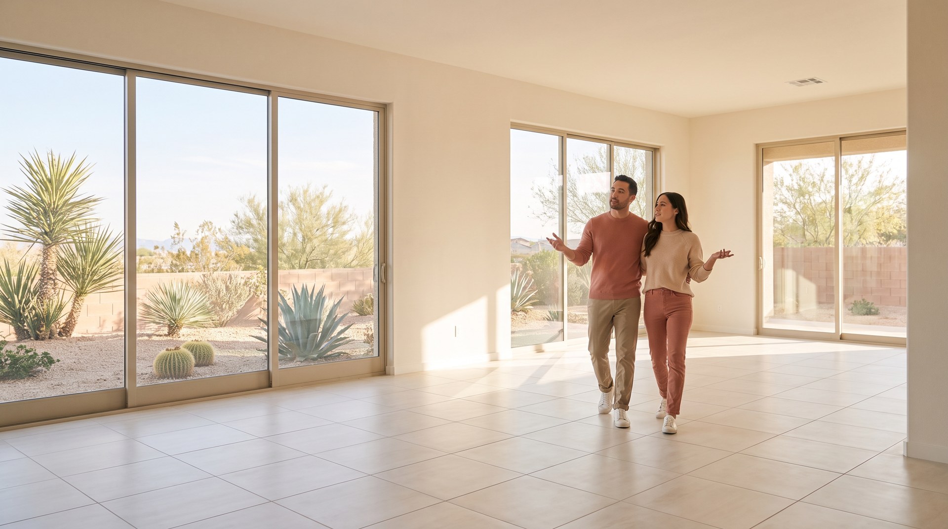 Buyer couple walking through an empty bright Las Vegas home with tile floors