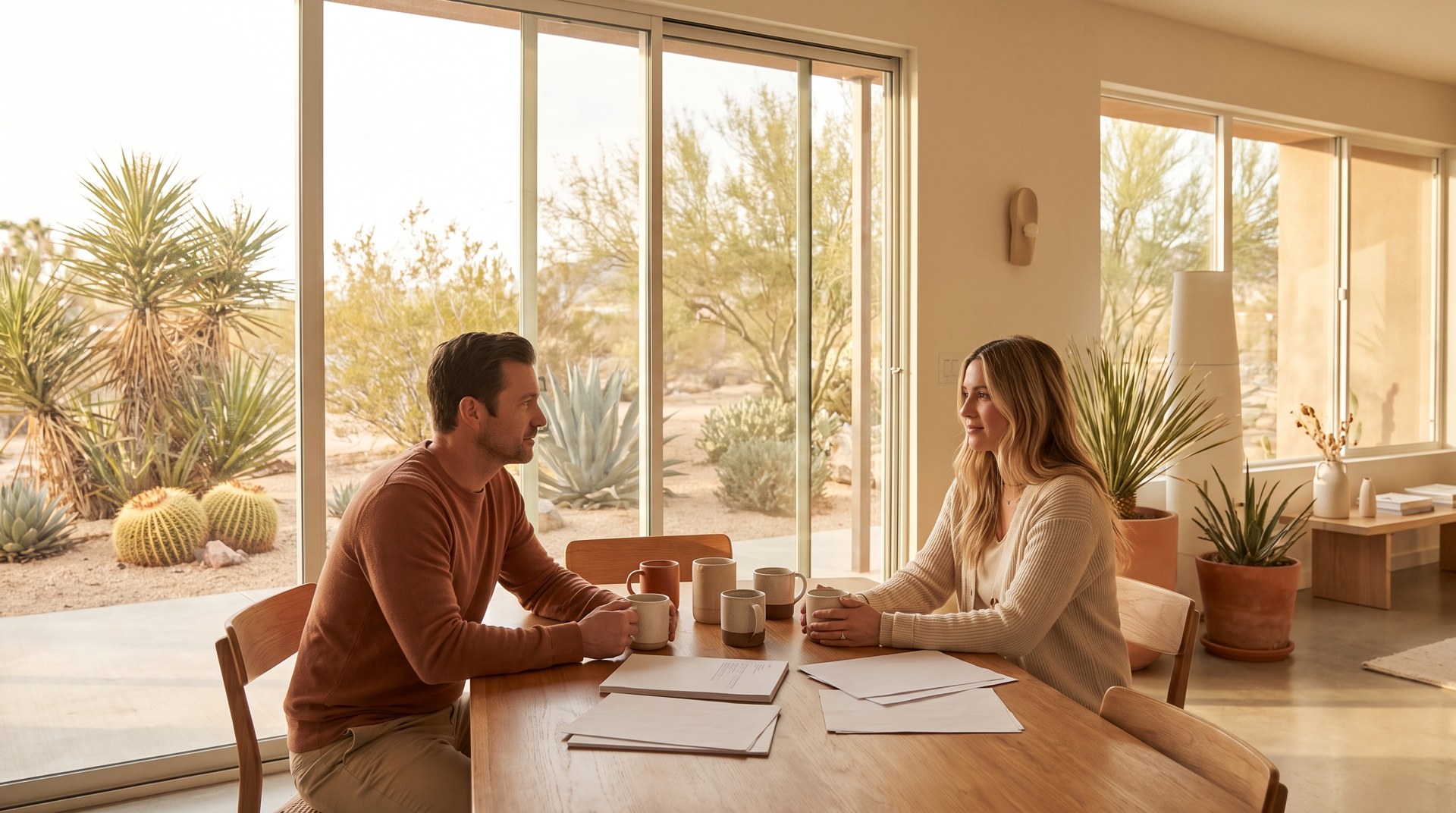 Las Vegas homeowner couple discussing options at a kitchen table with coffee