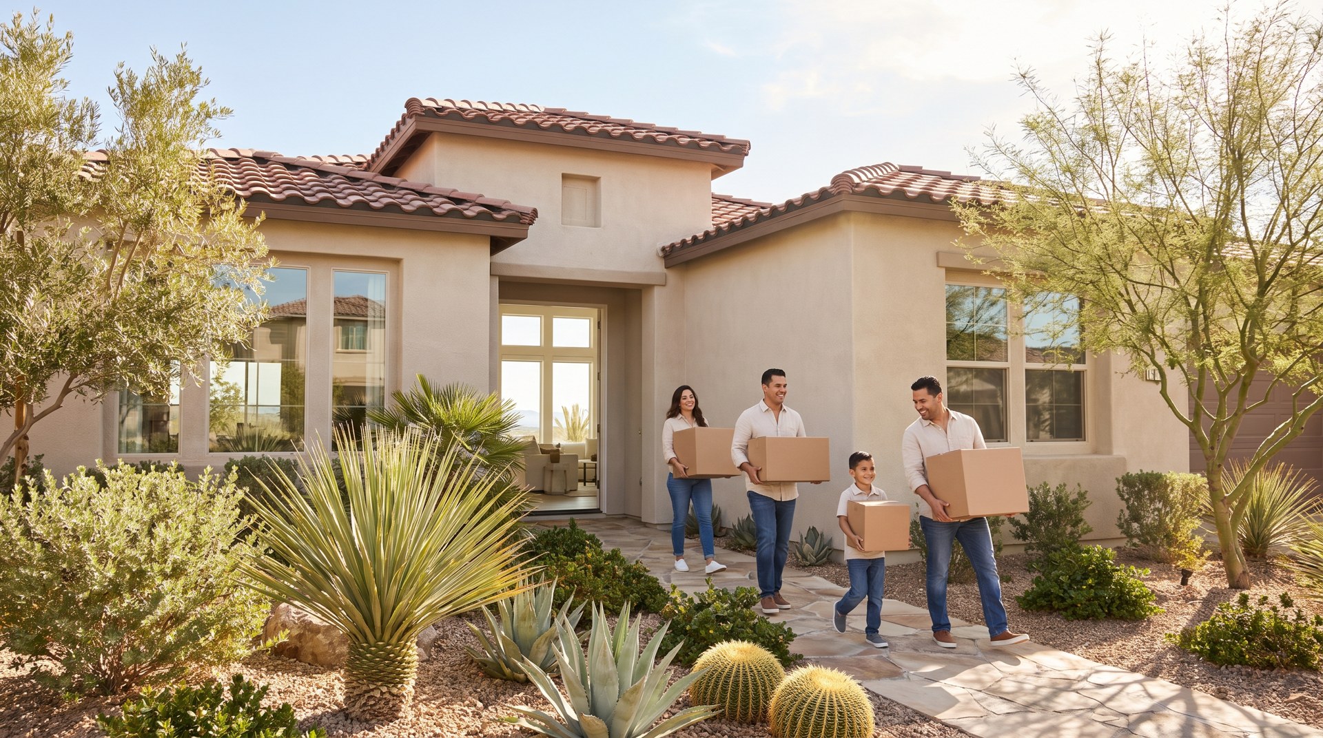 Family carrying moving boxes into a Las Vegas home on a sunny day