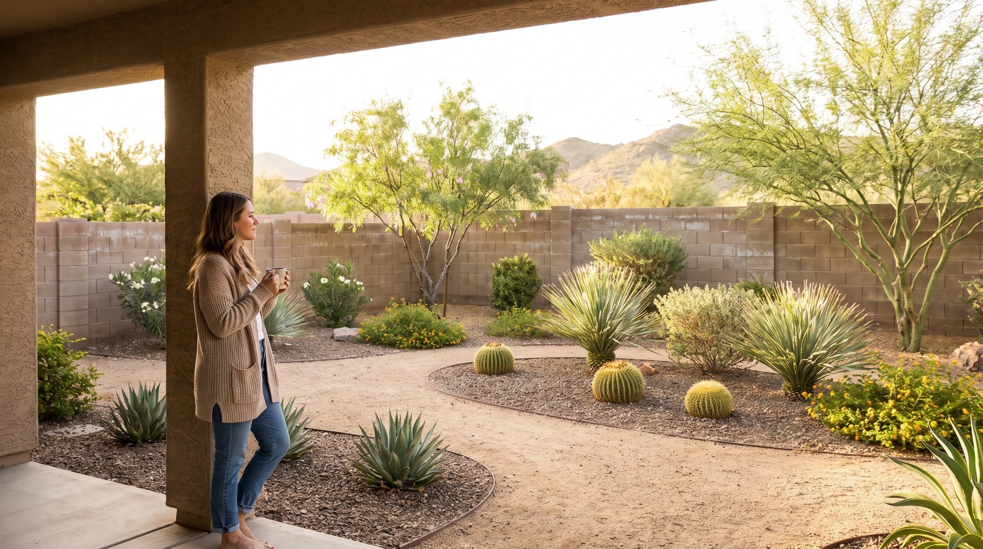 Las Vegas homeowner on her covered back patio with coffee looking over her desert backyard
