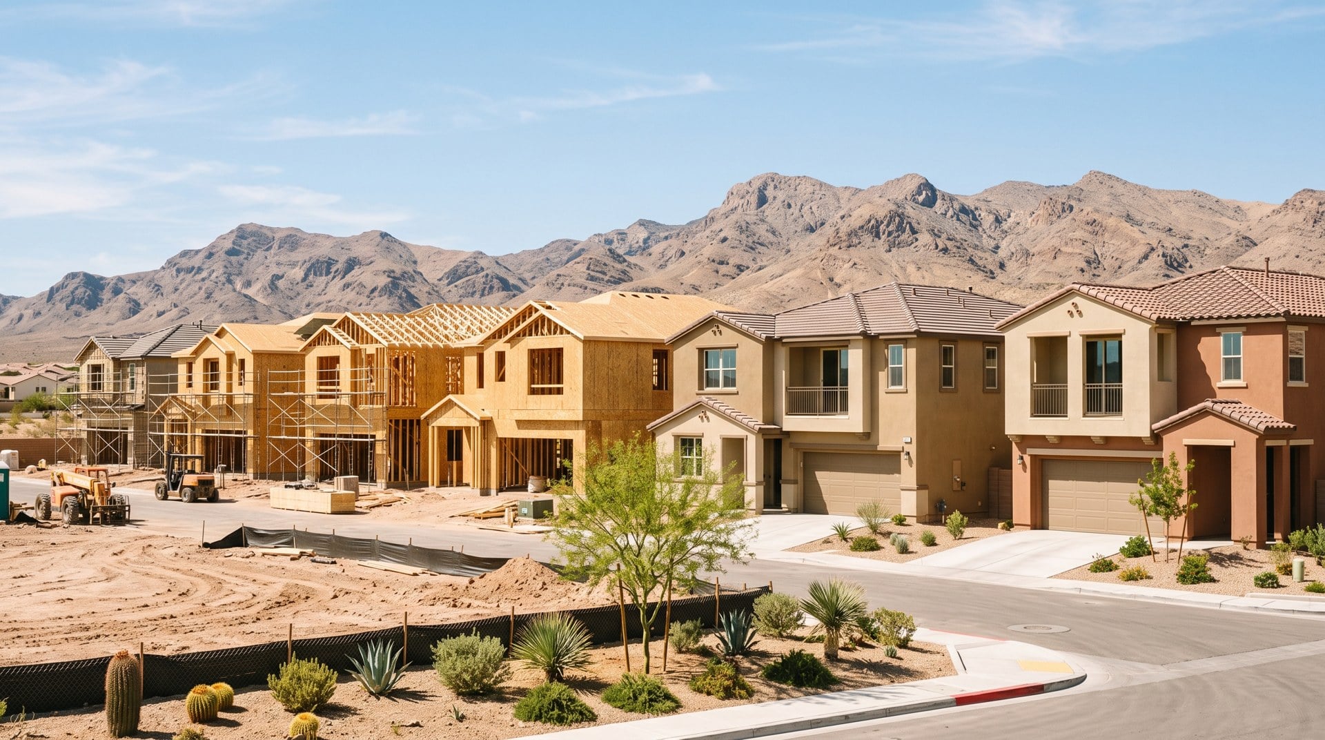 New construction homes being finished in a Las Vegas master-planned community with mountains behind