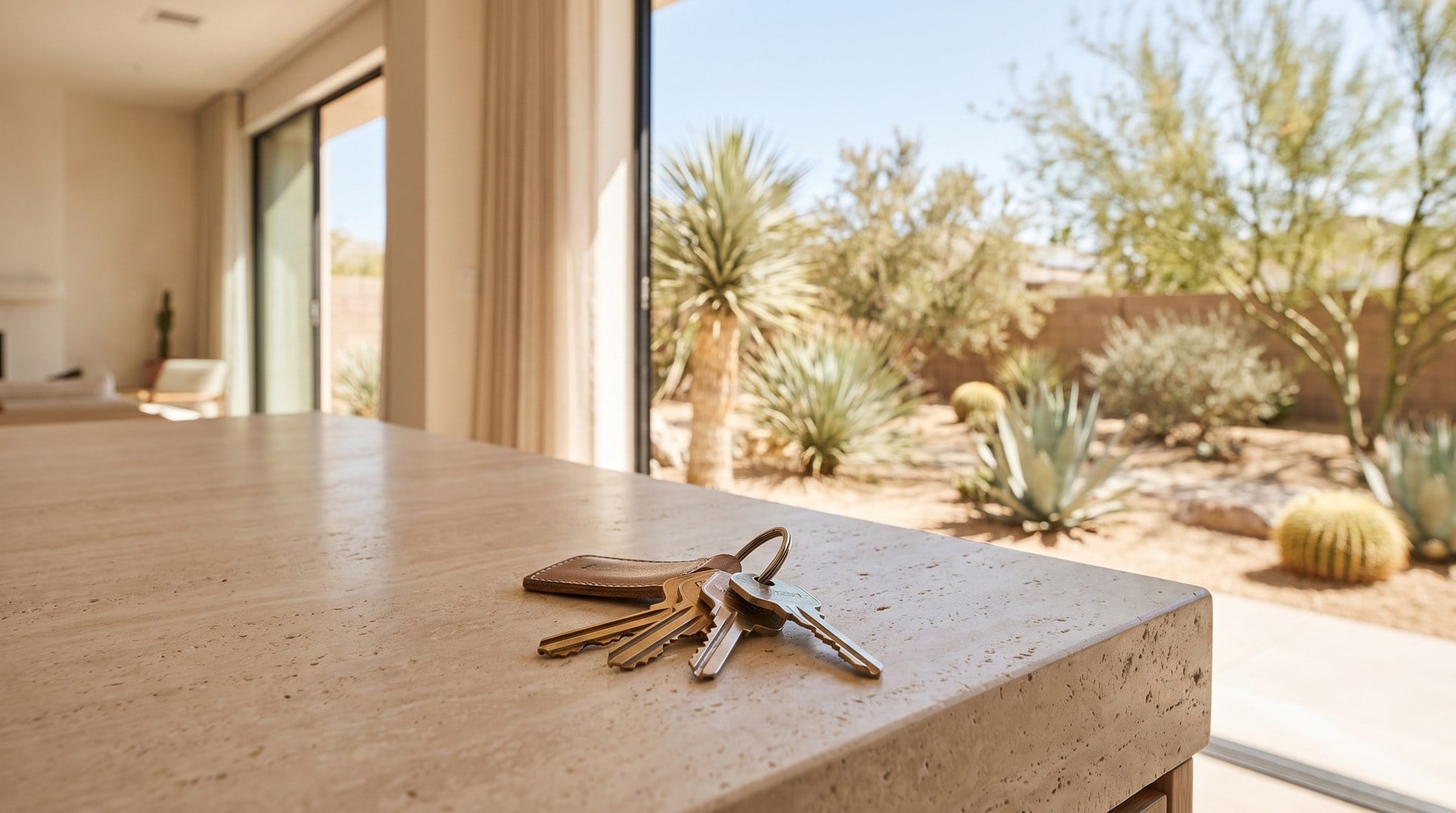House keys on a light stone kitchen counter in a sunlit Las Vegas home