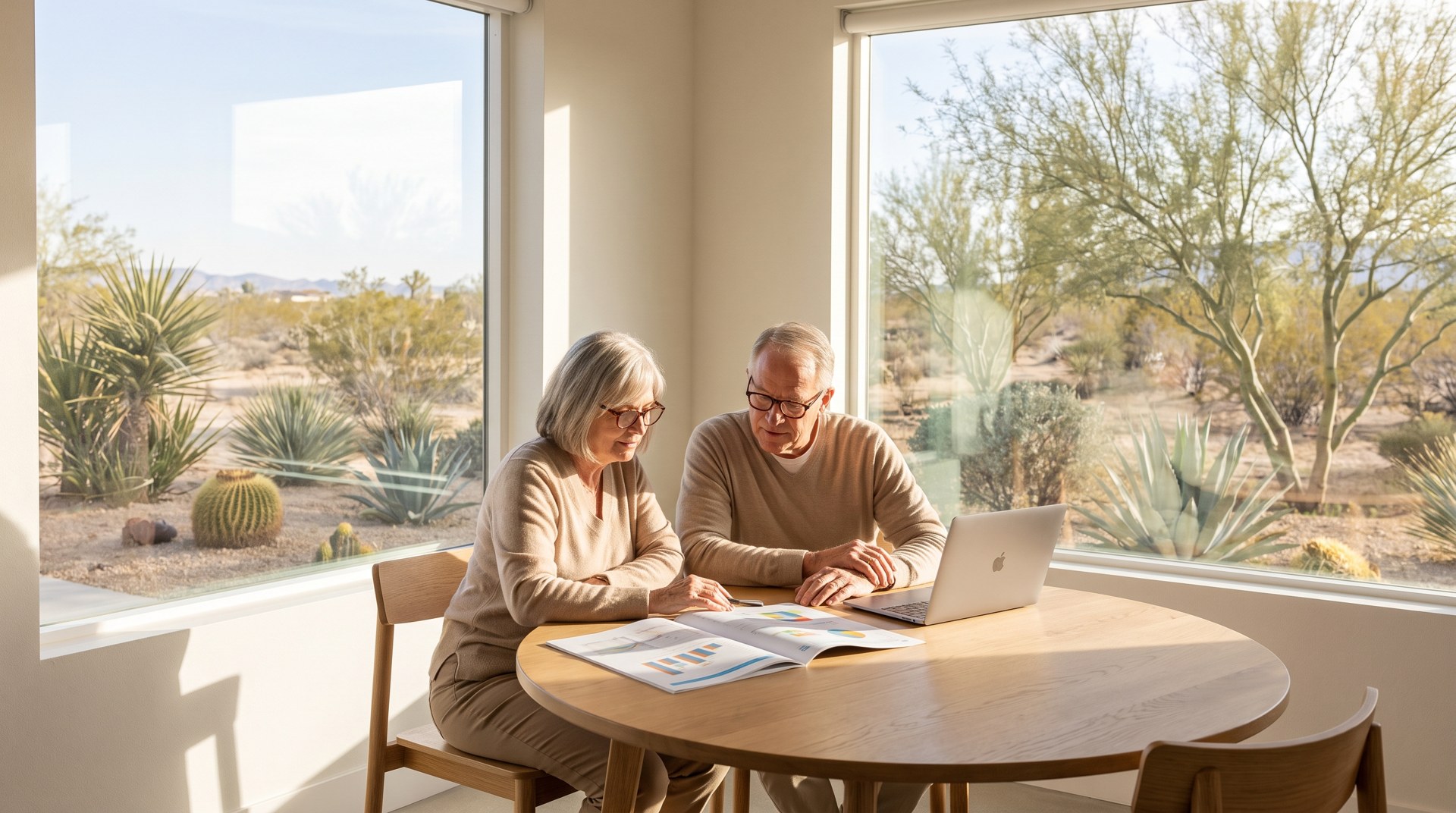 Las Vegas homeowner couple reviewing a home value report at a dining table