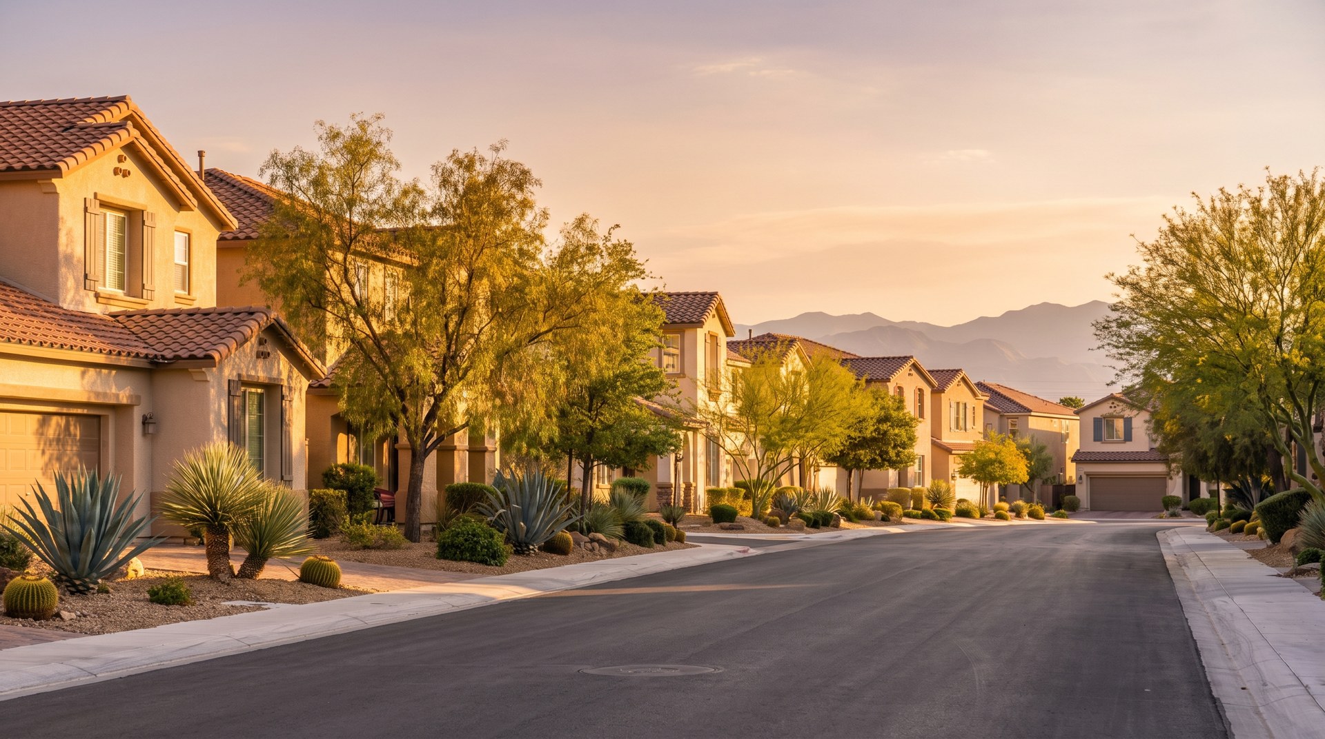 Southwest Las Vegas street of two-story stucco homes with desert landscaping at golden hour