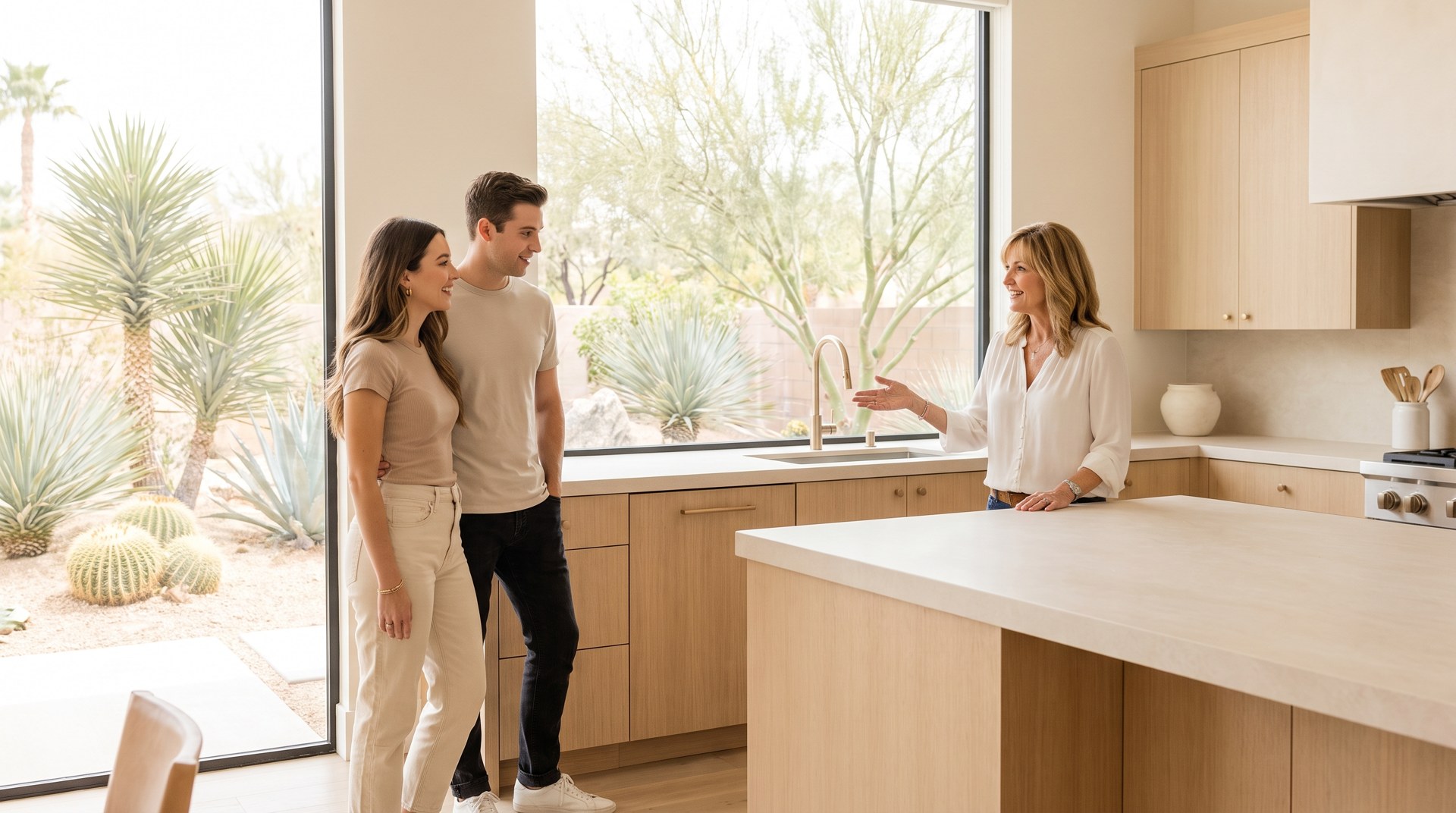 Real estate agent showing a bright modern Las Vegas kitchen to a young buyer couple