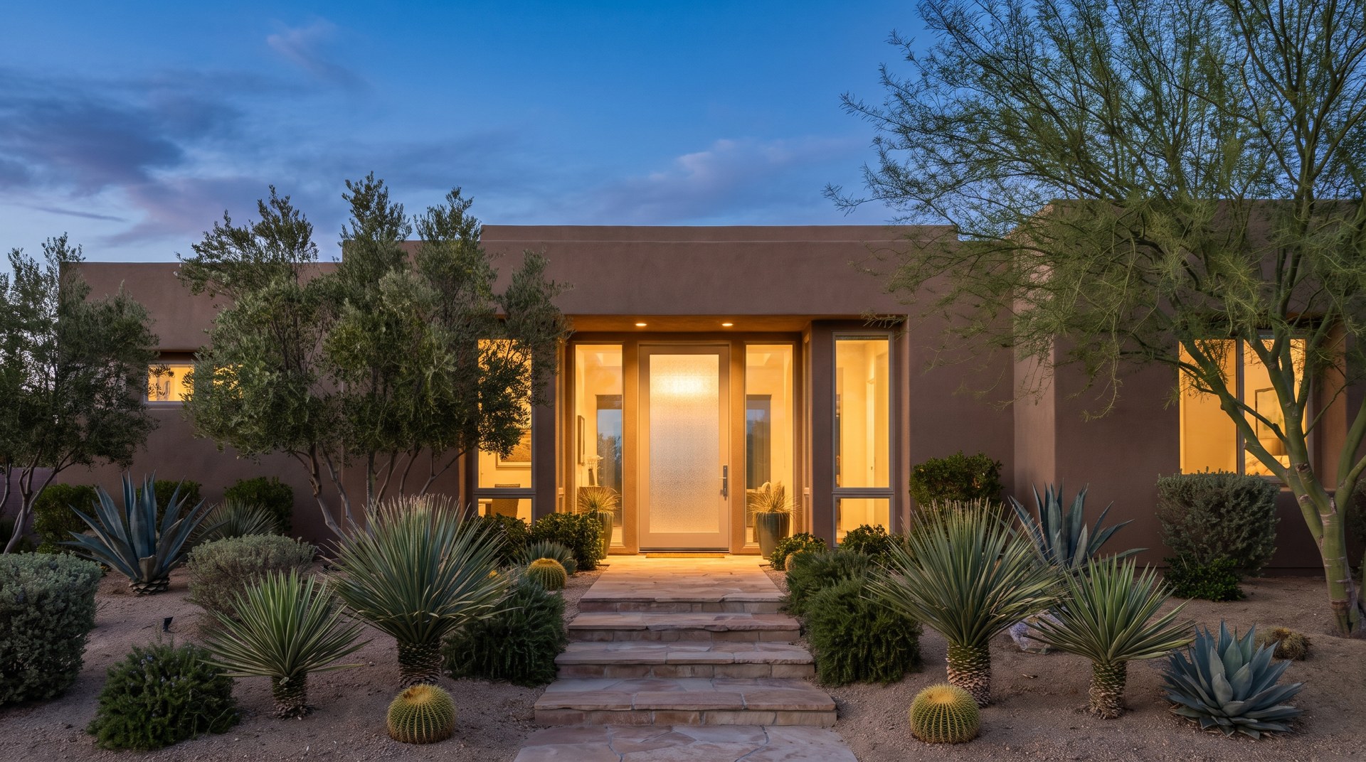Front entry of a Las Vegas stucco home at dusk with warm lights glowing
