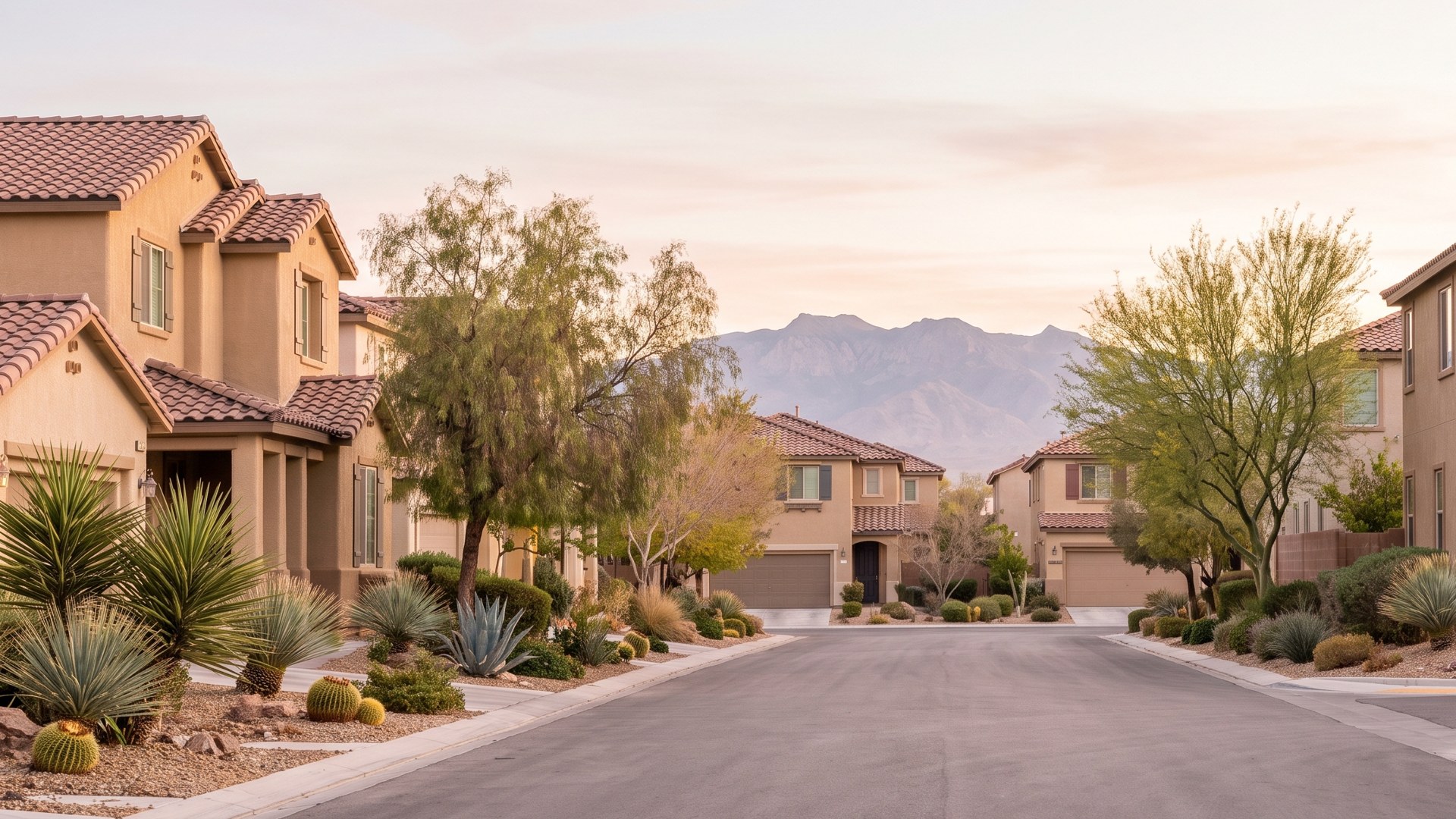 Quiet Las Vegas neighborhood street of stucco homes with desert landscaping