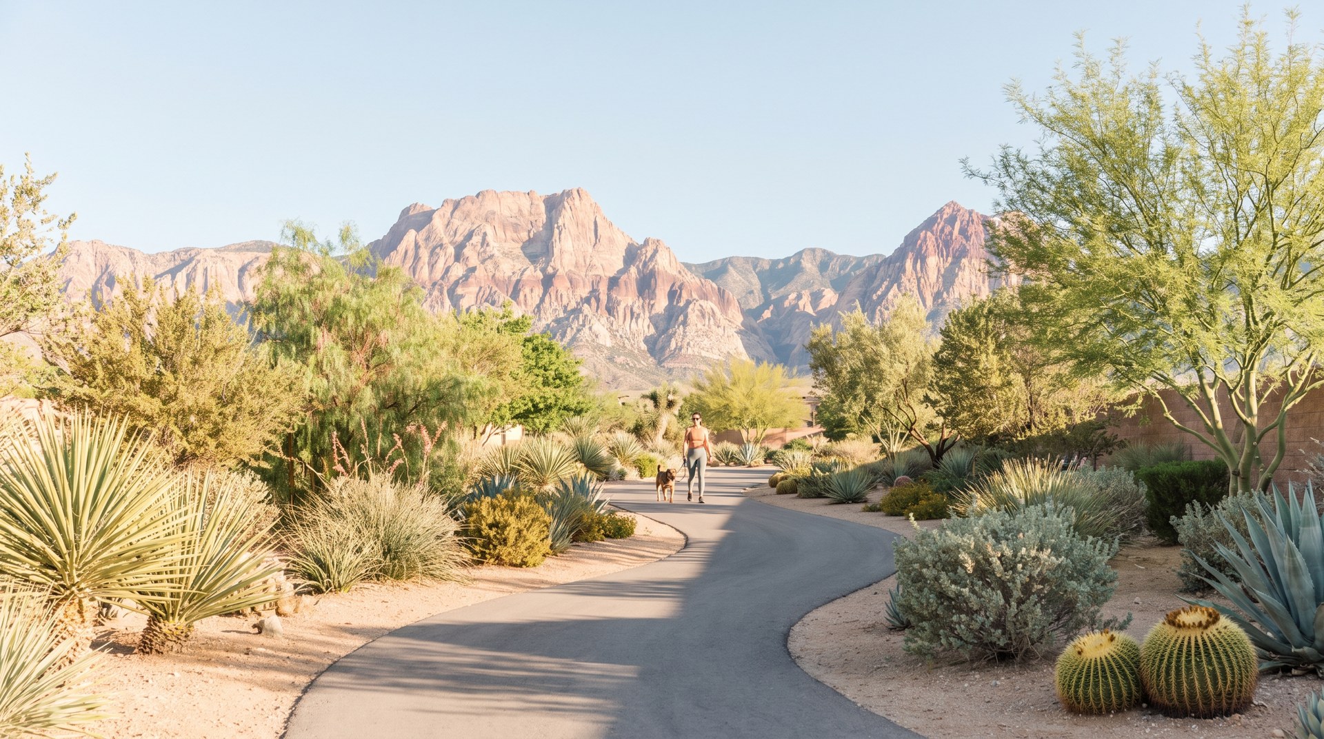 Paved walking trail through a Summerlin community with Red Rock mountains behind