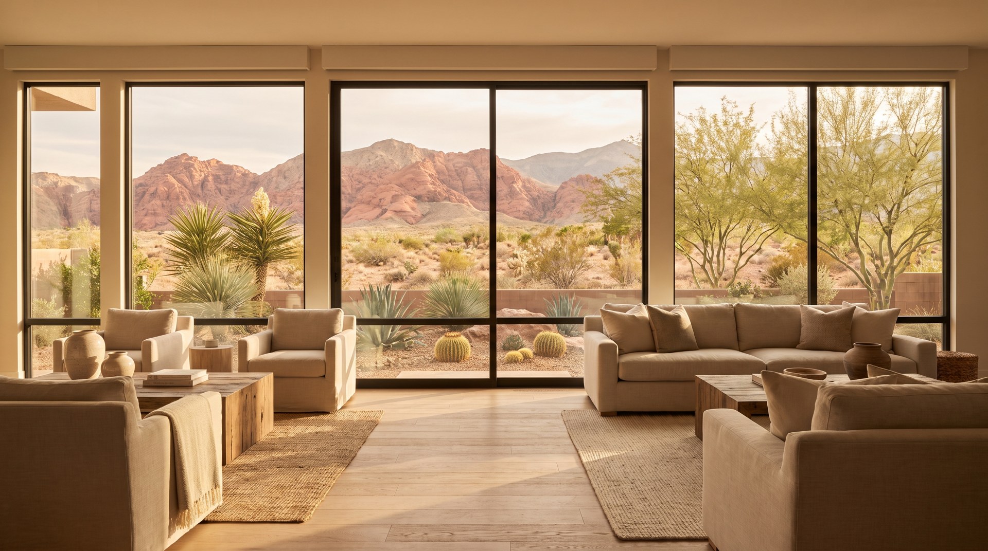 Spacious Summerlin living room with large windows framing red sandstone mountains