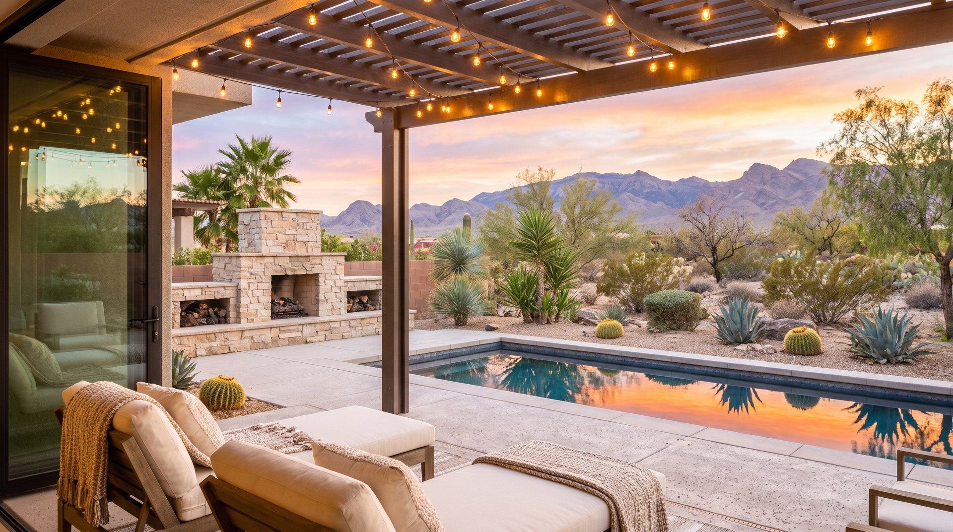 Covered patio of a luxury Las Vegas desert home with a pool and mountain views at sunset