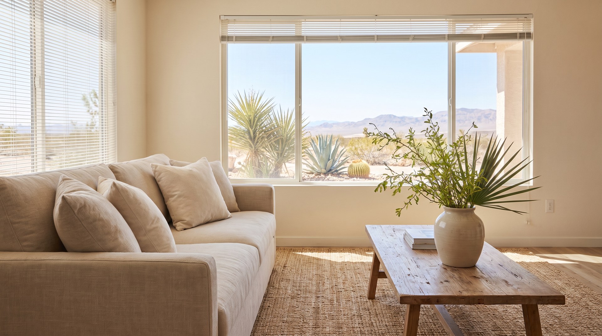 Bright staged Las Vegas living room after decluttering with open blinds and natural light