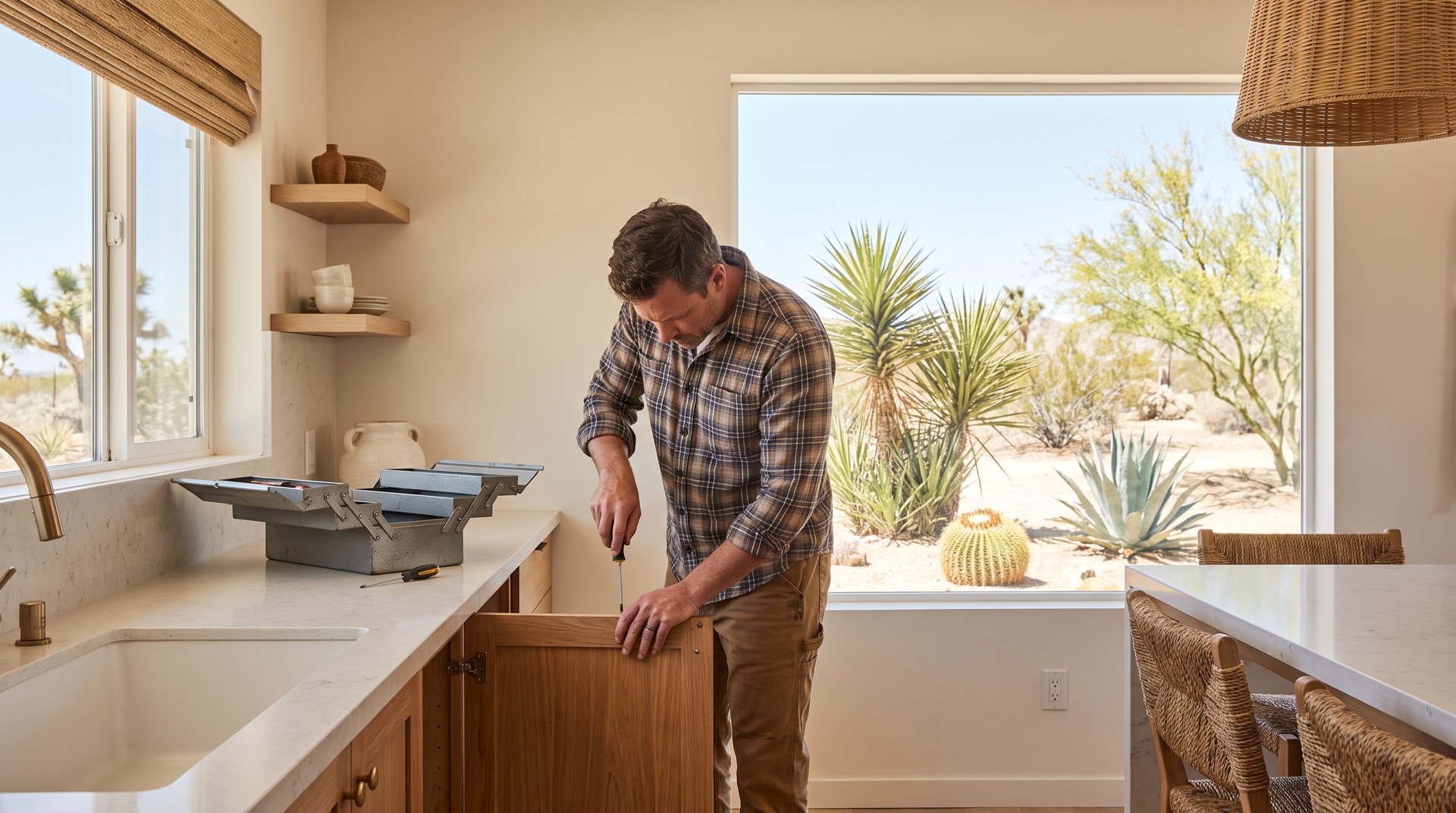 Handyman repairing a cabinet door in a bright Las Vegas kitchen
